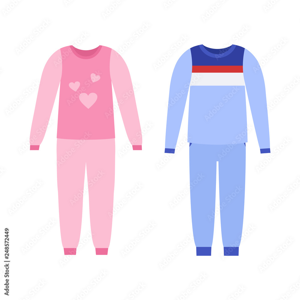 Pajama for girl, boy. Vector. Baby nightwear. Sleepwear isolated on white in flat design. Night clothes icons. Cartoon illustration. Clothing set. Apparel sketch. Garment silhouette. - obrazy, fototapety, plakaty 