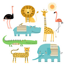 Cute African Animals. Vector Set Of Children's Drawings. Traditional Ornaments, Ethnic And Tribal Motifs. Doodle Style. Elephant, Hippo, Giraffe, Crocodile, Lion, Cheetah, Flamingo, Ostrich.