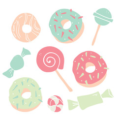 Set hand drawn candies, donut, lollipop, candy