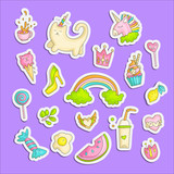 Fototapeta Pokój dzieciecy - Cute funny Girl teenager colored stickers set, fashion cute teen and princess icons. Magic fun cute girls objects - unicorn, sweets, rainbow, cocktail, watermelon and other draw icon patch collection.