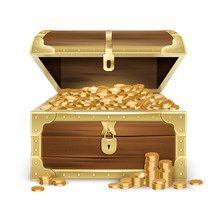 Realistic Wooden Chest With Coins