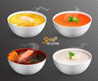 Four Bowls With Hot Soup On Transparent