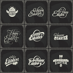 Wall Mural - Happy Easter vector text logo set on blackboard