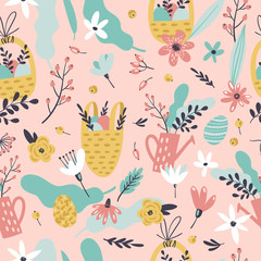  Cute Easter seamless pattern with eggs in basket, flowers, branches, leaves and berries. Endless Spring background.
