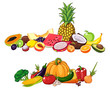 Vector illustration of fruits and vegetables with various edible objects.
