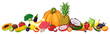 Vector illustration of fruits and vegetables with various edible objects.