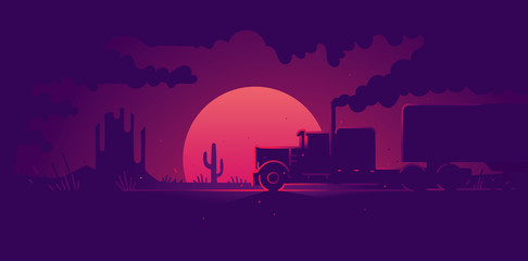 American Truck on a road with sunset on the background illustration. Vector. 