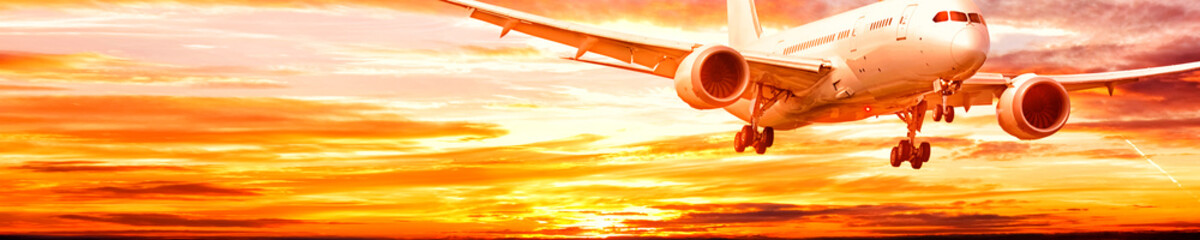 Wall Mural - business jet airplane with gear down fly on dramatic sunset sky background corporate air travel commercial airline modern passenger plane aerial front view landscape ultra wide banner panorama photo