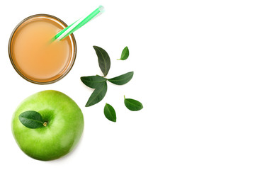 one green apple with apple juice isolated on white background. top view