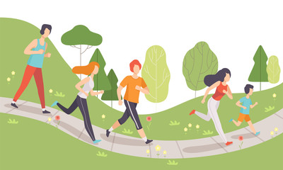 Poster - Young Men and Women Running and Jogging in Park, Physical Activities Outdoors, Healthy Lifestyle and Fitness Vector Illustration