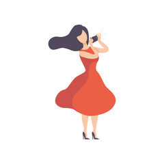 Wall Mural - Brunette Woman in Red Dress Taking Photos with Digital Camera, Female Photographer Character Vector Illustration