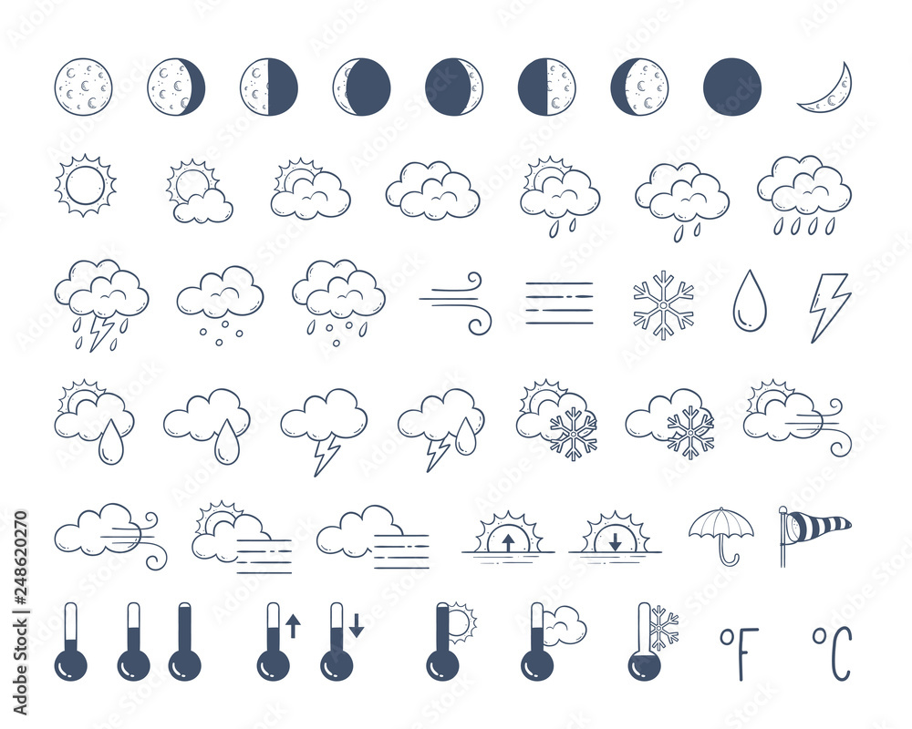 Weather icons pack. Hand drawn weather forecast design elements, isolated on white background. Contains icons of the sun, clouds, snowflakes, wind, rain, moon phases and more. 48 icons pack. - obrazy, fototapety, plakaty 