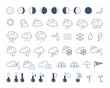 Weather icons pack. Hand drawn weather forecast design elements, isolated on white background. Contains icons of the sun, clouds, snowflakes, wind, rain, moon phases and more. 48 icons pack.