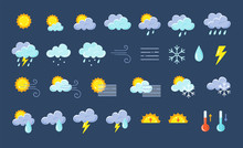 Weather Icons Pack. Colorful Weather Forecast Design Elements, Perfect For Mobile Apps And Widgets. Contains Icons Of The Sun, Clouds, Snowflakes, Wind, Rain, Temperature And More. 29 Icons Pack.