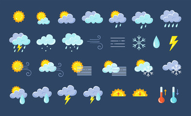 weather icons pack. colorful weather forecast design elements, perfect for mobile apps and widgets. 