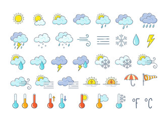 colorful weather icons set. hand drawn weather forecast design elements isolated on white background