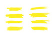 © Eugenia Proud - Vector illustration of stain strokes, hand drawn yellow highlight japan marker lines. Brushes stripes isolated on white background.