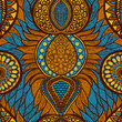 African print in blue, orange and yellow colors. Colorful ethnic seamless pattern