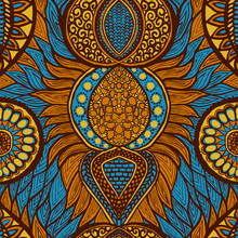 African Print In Blue, Orange And Yellow Colors. Colorful Ethnic Seamless Pattern