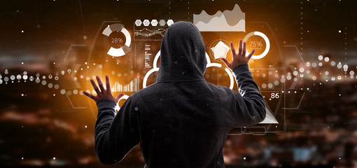 Hacker man holding Wifi icon with stats and binary code 3d rendering