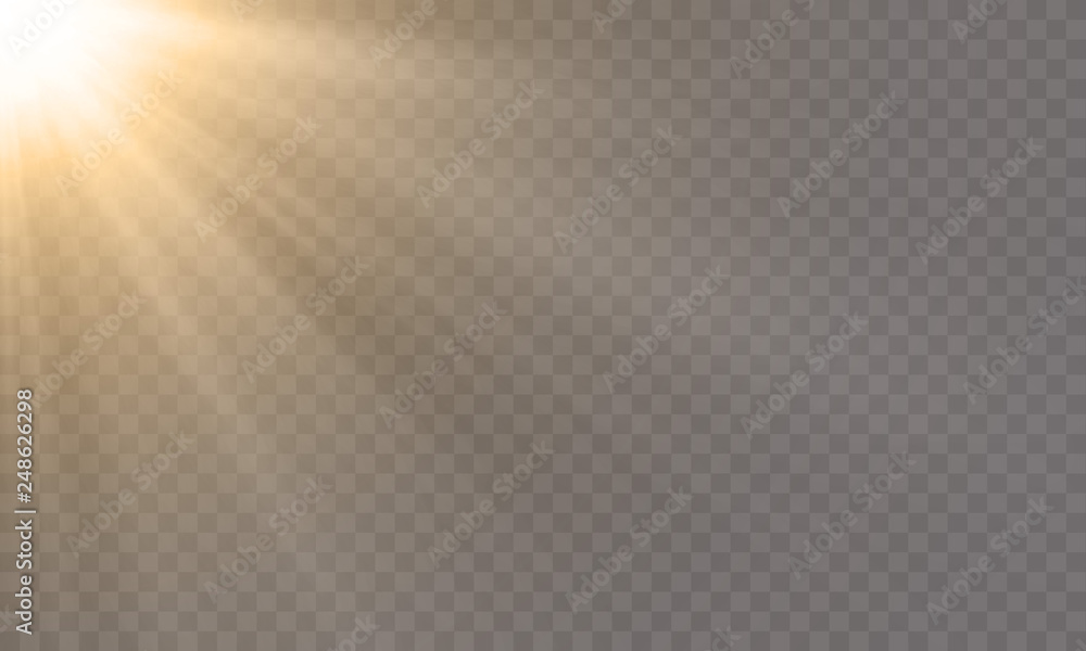 White glowing light explode effect and sun rays shine on vector transparent background - obrazy, fototapety, plakaty 