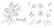 Set Of Floral Branch. Flower Rose,  Leaves. Wedding Concept With Flowers. Floral Poster, Invite. Vector Arrangements For Greeting Card Or Invitation Design