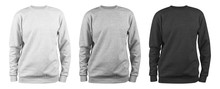 Set Of Men's Blank Sweatshirt Template - White, Grey, Black, Natural Shape On Invisible Mannequin, For Your Design Mockup For Print, Isolated On White Background..