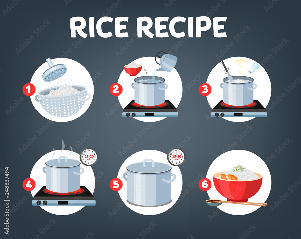 How to cook rice with few ingredients easy recipe の Stock ベクター | Adobe ...