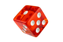 Red Glass Dice Closeup Isolated On White Without Shadow. One, Three, Five.