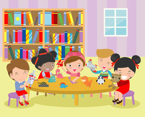happy children's activity in the kindergarten, cute kids with playing toy, Group of happy school child in classroom, education,Vector Illustration