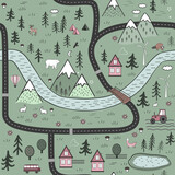 Hand drawn vector abstract scandinavian graphic illustration seamless pattern with houses, animals, trees and mountains. Nordic nature landscape concept.