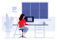 Workplace In Office. Business Woman Working On Computer At Her Desk. Vector Illustration. Workspace
