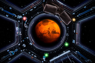 Wall Mural - travel to mars. planet mars 3d rendering seen through spaceship windows. space exploration and missi