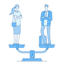 Gender Equality. Man And Woman On Scale In Balance. Women Rights Gender Equal Employment Feminism Vector Line Business Vector Concept. Balance Gender Female And Male In Blue Illustration