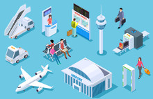 Airport Isometric. Passenger Luggage, Airport Terminal. Tower Plane Passport Checkpoint. Business Airline Travel Management Vector Set. Airport And Airplane, Luggage And Plane Illustration
