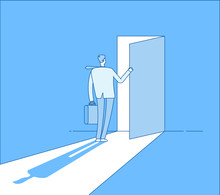 Businessman Opens Access. Secret Door Opportunity, Accessible Entering. Risk Solution And Leadership Business Vector Concept. Businessman Open Door, Opportunity And Accessibility Illustration