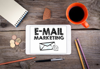 Wall Mural - E mail marketing, Business Plan concept. Text and icon on tablet computer