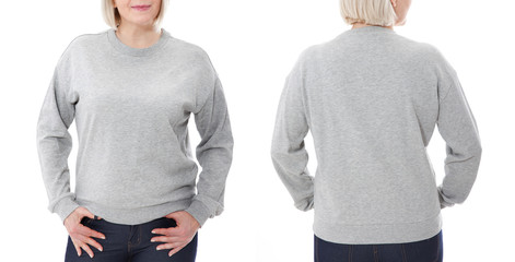 Shirt design and fashion concept. Woman in gray sweatshirt front and rear, gray hoodies, blank isolated on white background