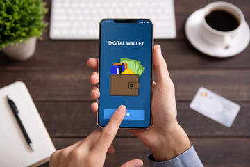 Poster - Man holding smartphone with digital wallet application