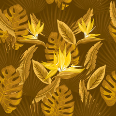 Wall Mural - Seamless pattern of tropical beige and  brown palm leaves, monstera  leaves  and yellow flowers of the bird of paradise (Strelitzia) plumeria on a brown  background. Wallpaper trend design.