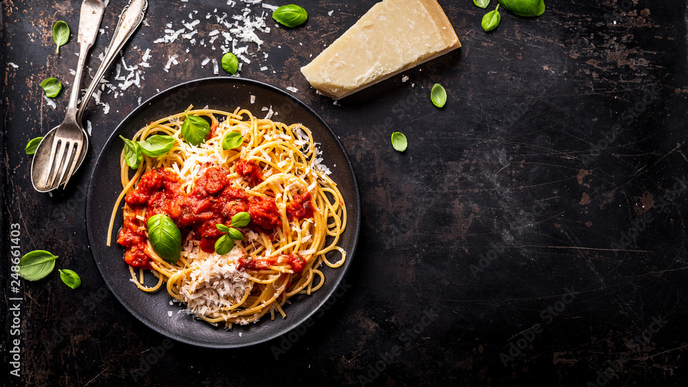 delicious appetizing classic spaghetti pasta with tomato sauce, parmesan - obrazy, fototapety, plakaty 