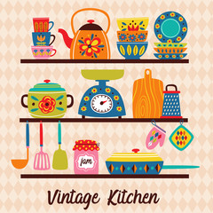 shelves with vintage utensils - vector illustration, eps