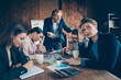 © deagreez - Close up photo business people he him his she her partners working office together mad raged chief angry anger yelling about losing big money dressed suits formal wear mistakes noting every word