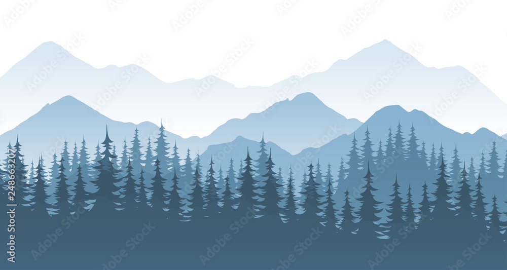 Mountain forest, vector landscape illustration - obrazy, fototapety, plakaty 