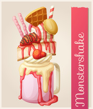 Strawberry Monstershake Dessert. Cartoon Style Vector Freakshake Icon. Berry Milk Cake Sweet Food Illustration