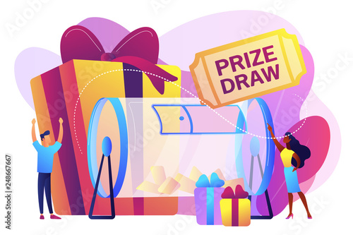 Fotomural Lucky tiny people turning raffle drum with tickets and winning prize gift boxes