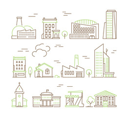 Sticker - Line art buildings. Urban living houses and villa home exterior suburban vector colored icon collection. Building exterior, house and home, urban architecture illustration