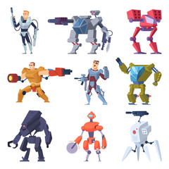 Wall Mural - Combat robots. Armor transformers android protective electronic soldier future weapon vector characters. Illustration of robot machine, combat robotic technology