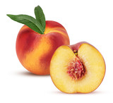 Fototapeta  - Ripe peach fruit and one cut in half with bone and leaf