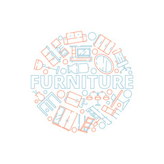 Sticker - Furniture background. Interior tools in circle shape sofa chair table bed household vector design template. Home furniture shop badge with bed table and chair illustration